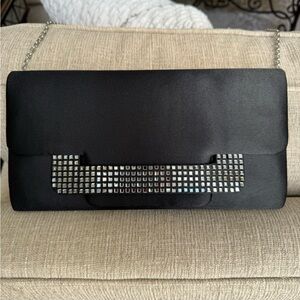 Black Satin with Mirrored Design Clutch Purse with Shoulder Chain Strap